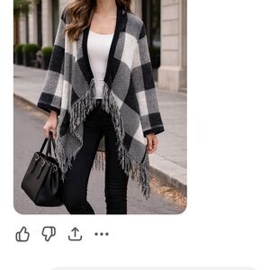 Black,gray and ivory sweater Plaid Fringe Open Front Cardigan back hood size s.
